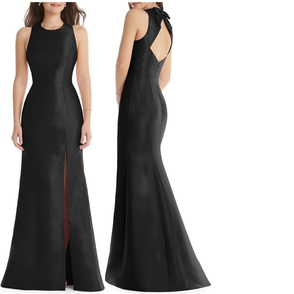 NWT Alfred Sung Jewel Neck Open Back Black Gown, size 12